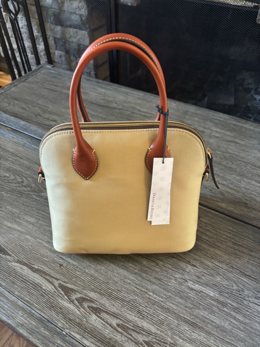 Dooney & Bourke Cream Canvas Satchel with Brown Leather Trim - Picture 2 of 3